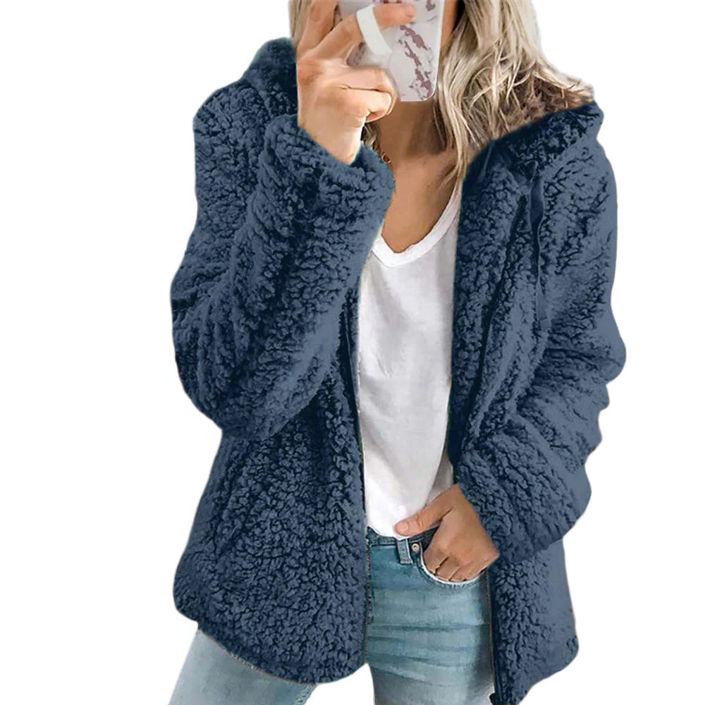 Teddy Fleece Coat with Front Zipper and Side Pockets