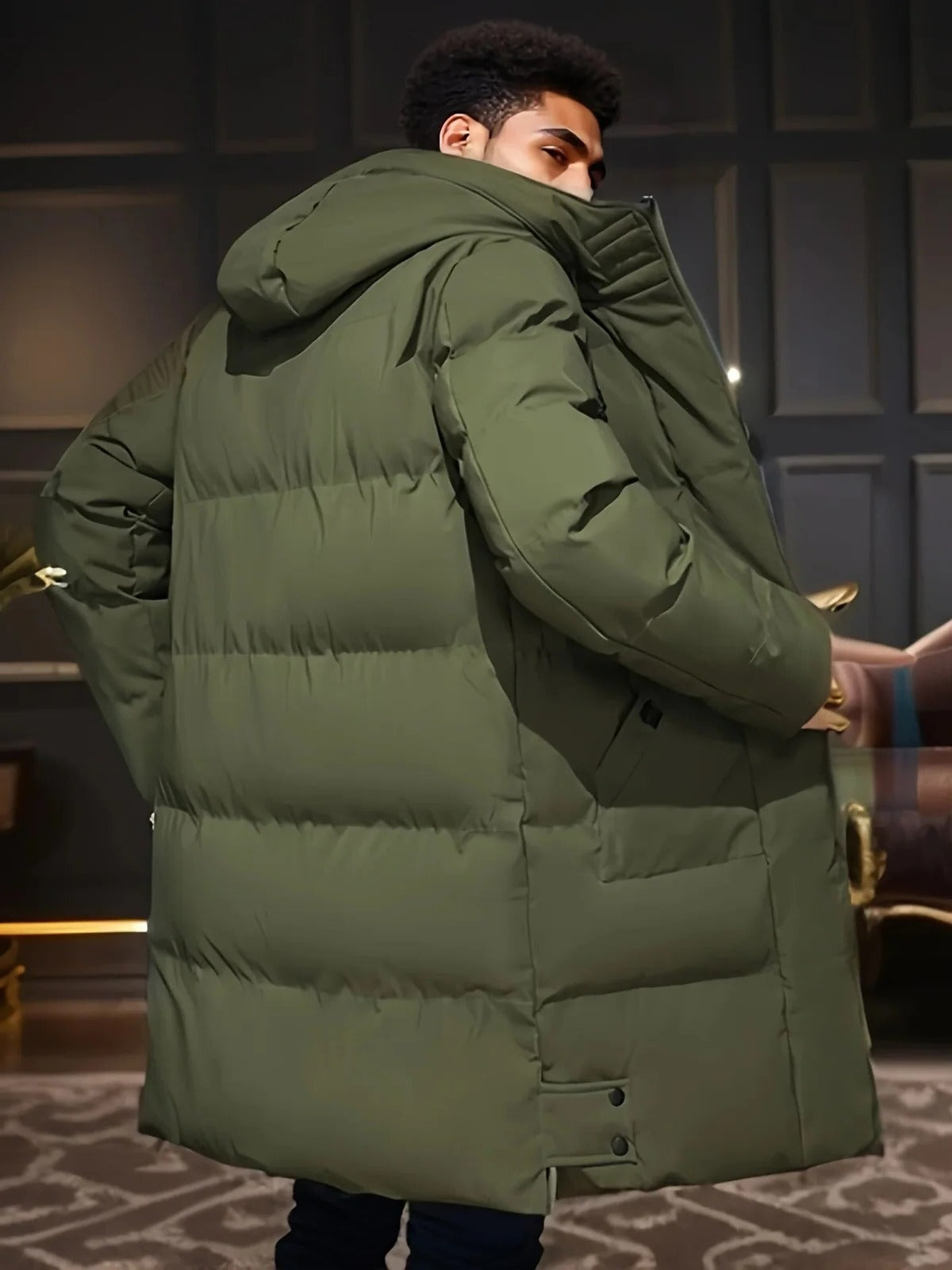 Men's Long Winter Jacket with Adjustable Hood and Moisture Blocking Shell