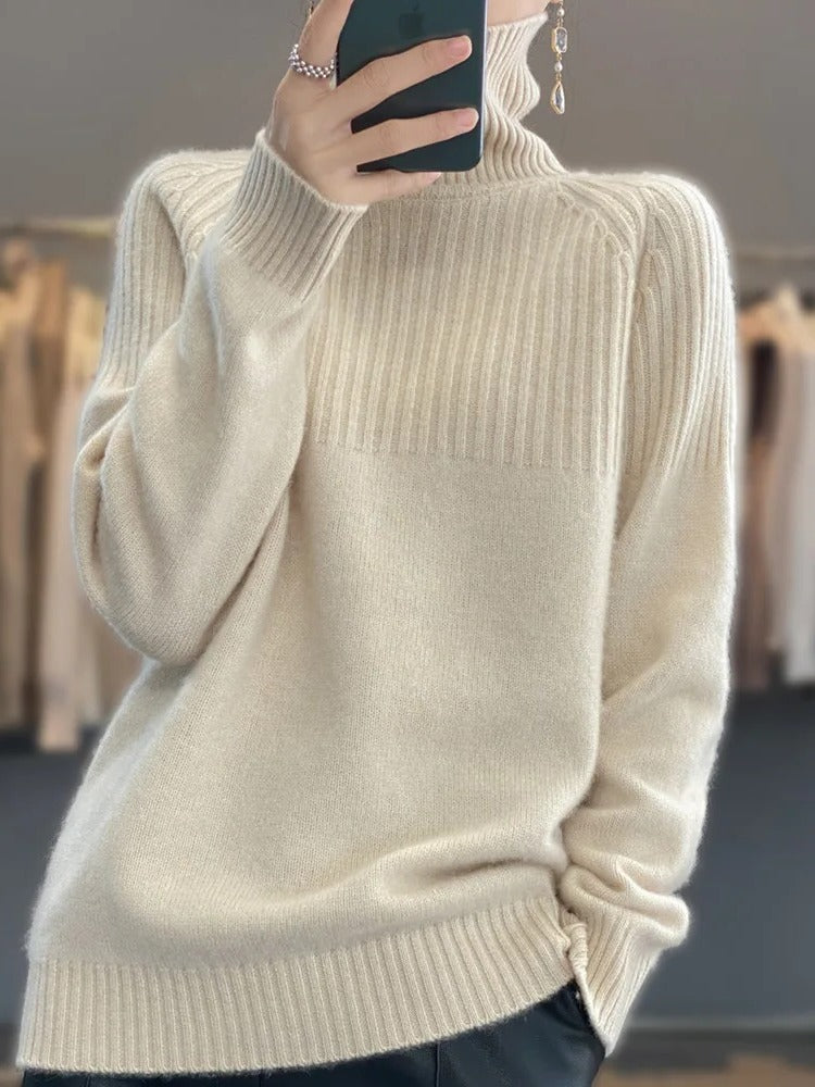 Women's Turtleneck Knit Sweater with Ribbed Cuffs and Long Sleeves