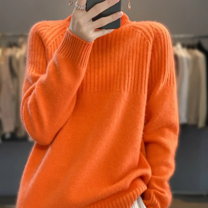 Women's Turtleneck Knit Sweater with Ribbed Cuffs and Long Sleeves