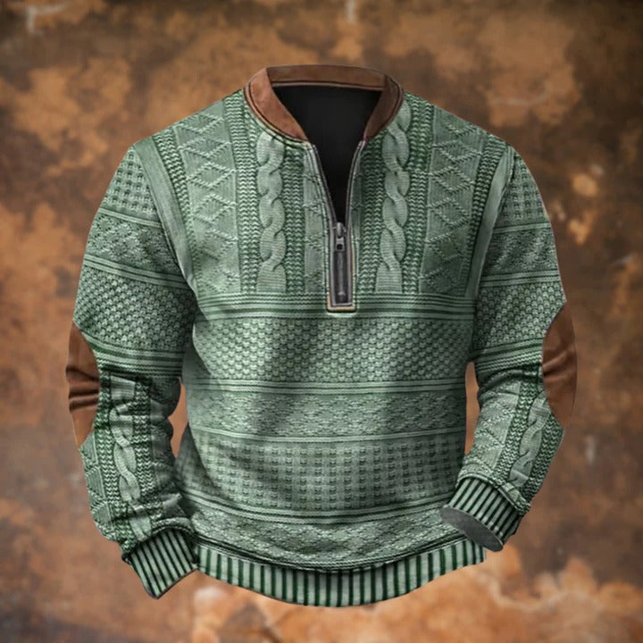 Quarter Zip Pullover Sweater with Cable Knit and Elbow Patches