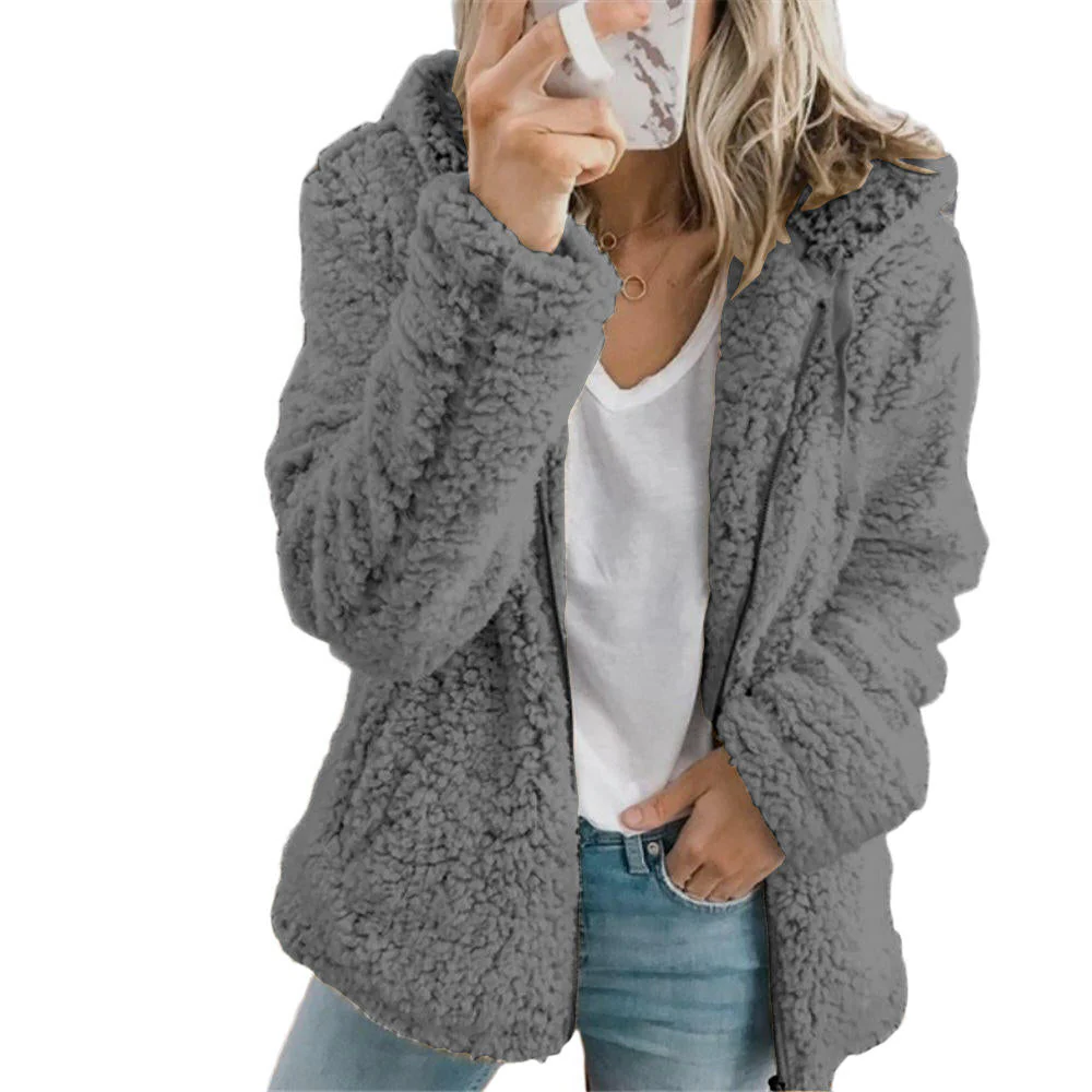 Teddy Fleece Coat with Front Zipper and Side Pockets