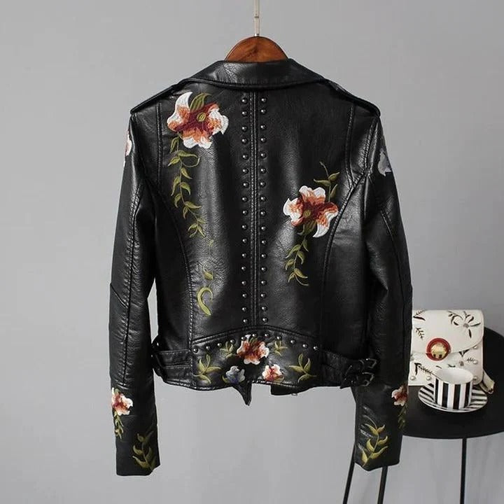Cropped Moto Jacket with Floral Embroidery and Studded Trim, Faux Leather