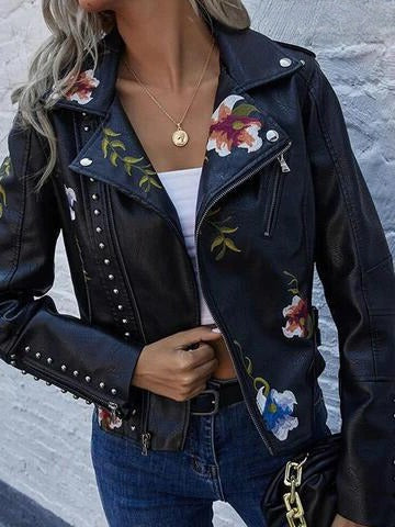 Cropped Moto Jacket with Floral Embroidery and Studded Trim, Faux Leather