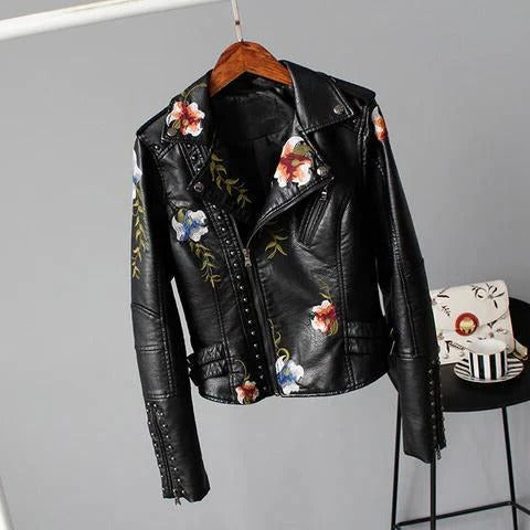 Cropped Moto Jacket with Floral Embroidery and Studded Trim, Faux Leather