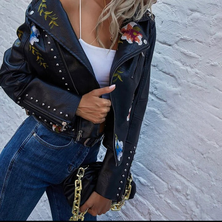 Cropped Moto Jacket with Floral Embroidery and Studded Trim, Faux Leather