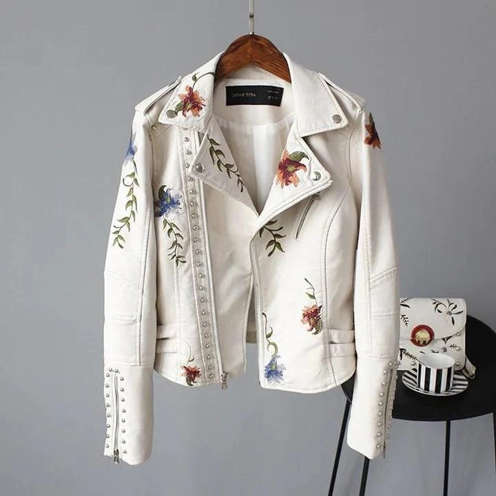 Cropped Moto Jacket with Floral Embroidery and Studded Trim, Faux Leather