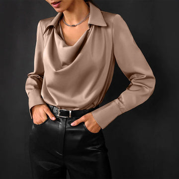 Women's Silk Blouse with Ruffled Trim and Button Front, Hip Length