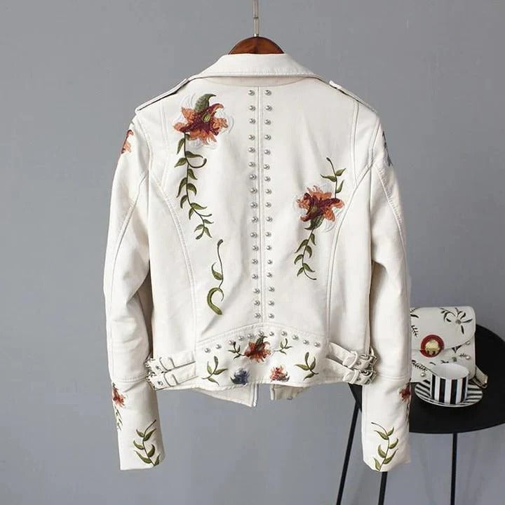 Cropped Moto Jacket with Floral Embroidery and Studded Trim, Faux Leather