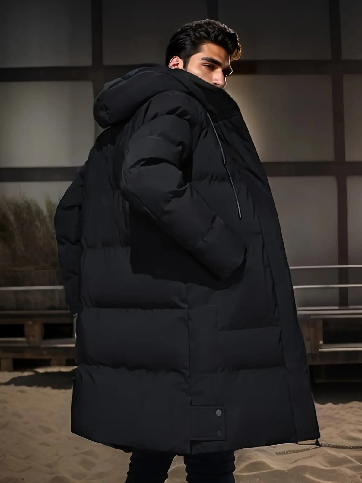 Men's Long Winter Jacket with Adjustable Hood and Moisture Blocking Shell