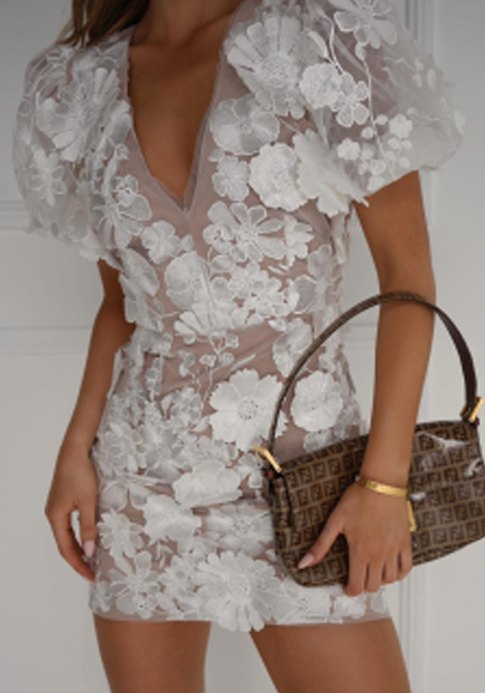 Women's Floral Appliqué Puff Sleeve V-Neck Wrap Mini Dress