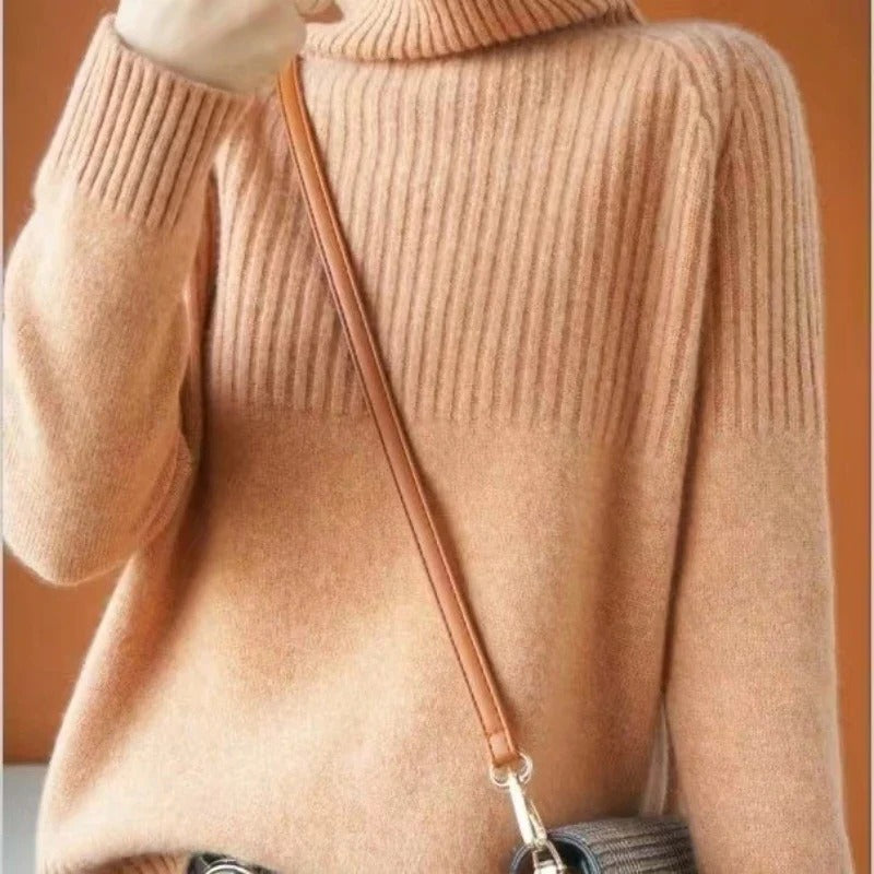 Women's Turtleneck Knit Sweater with Ribbed Cuffs and Long Sleeves