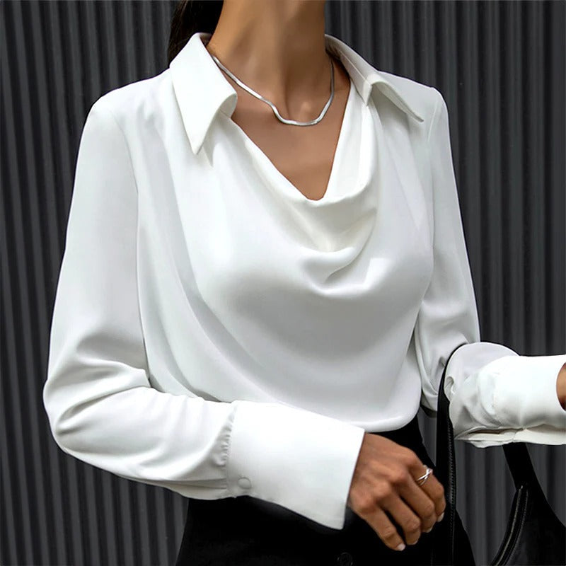 Women's Silk Blouse with Ruffled Trim and Button Front, Hip Length