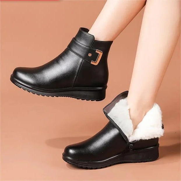Fur Lined Side Zip Ankle Boots with Buckle Strap