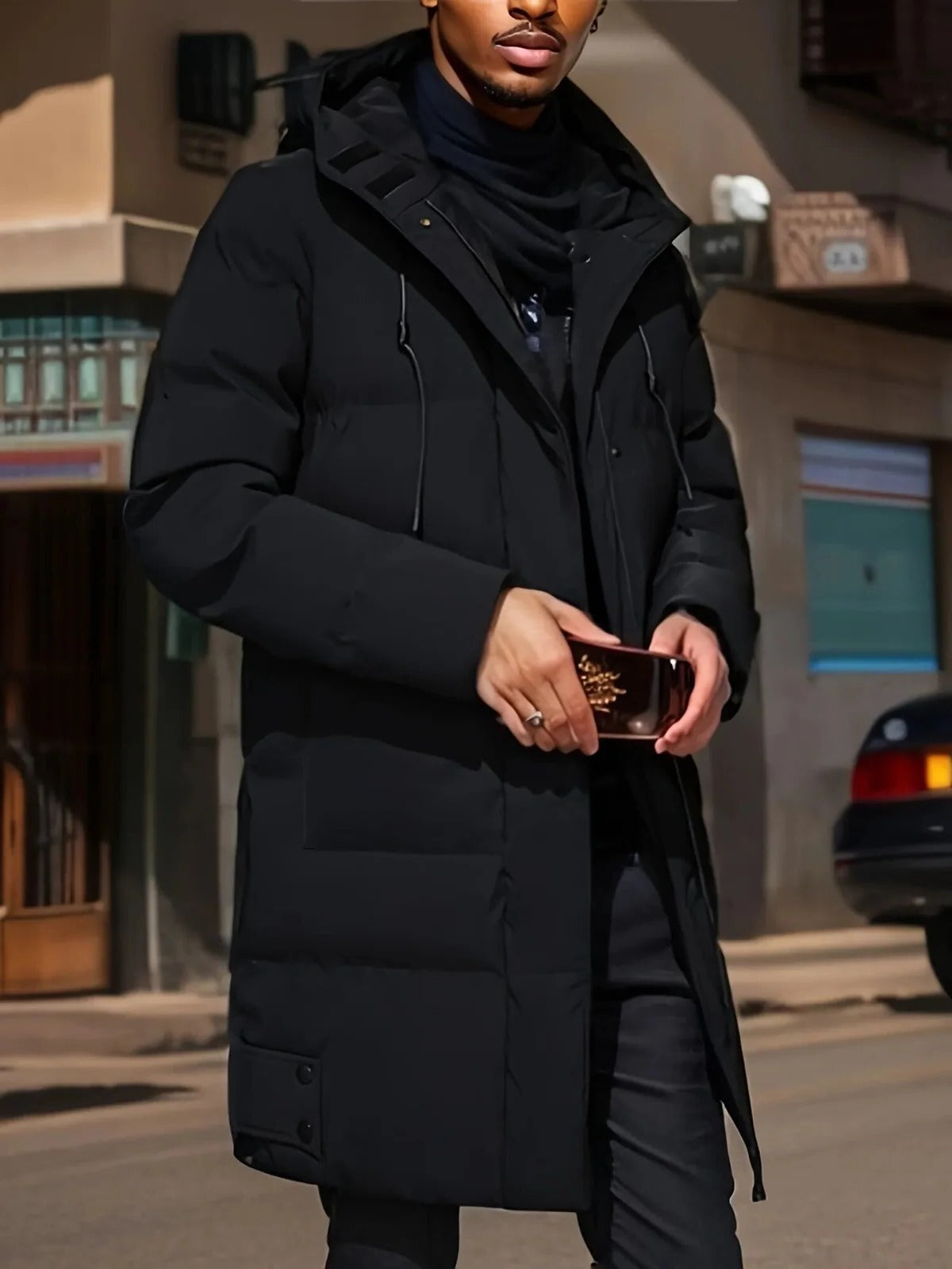 Men's Long Winter Jacket with Adjustable Hood and Moisture Blocking Shell