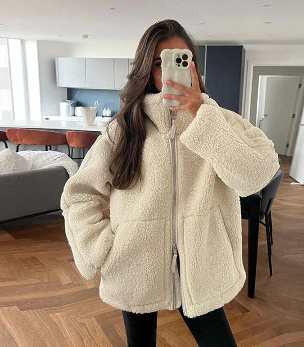 Fleece Zip Jacket for Women with Stand Collar and Oversized Fit