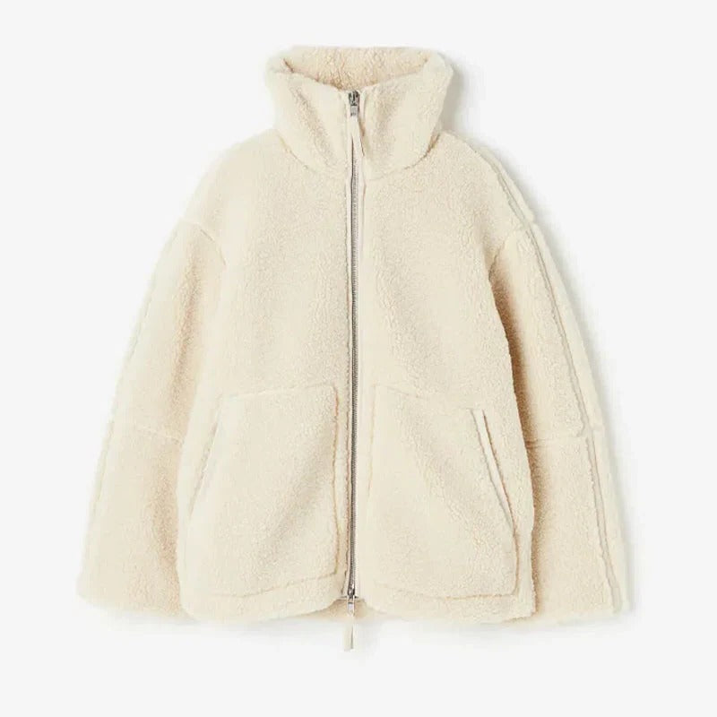 Fleece Zip Jacket for Women with Stand Collar and Oversized Fit