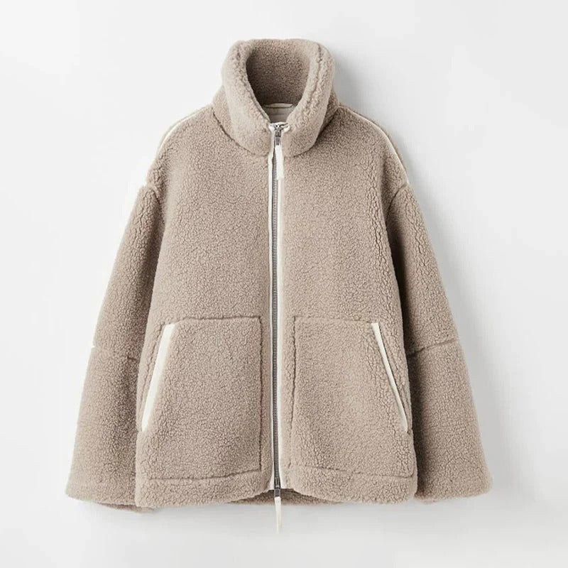 Fleece Zip Jacket for Women with Stand Collar and Oversized Fit