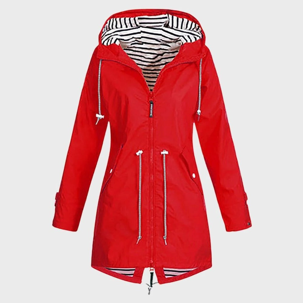 Women's Hooded Rain Jacket with Adjustable Drawstring and Breathable Fabric, Extended Length