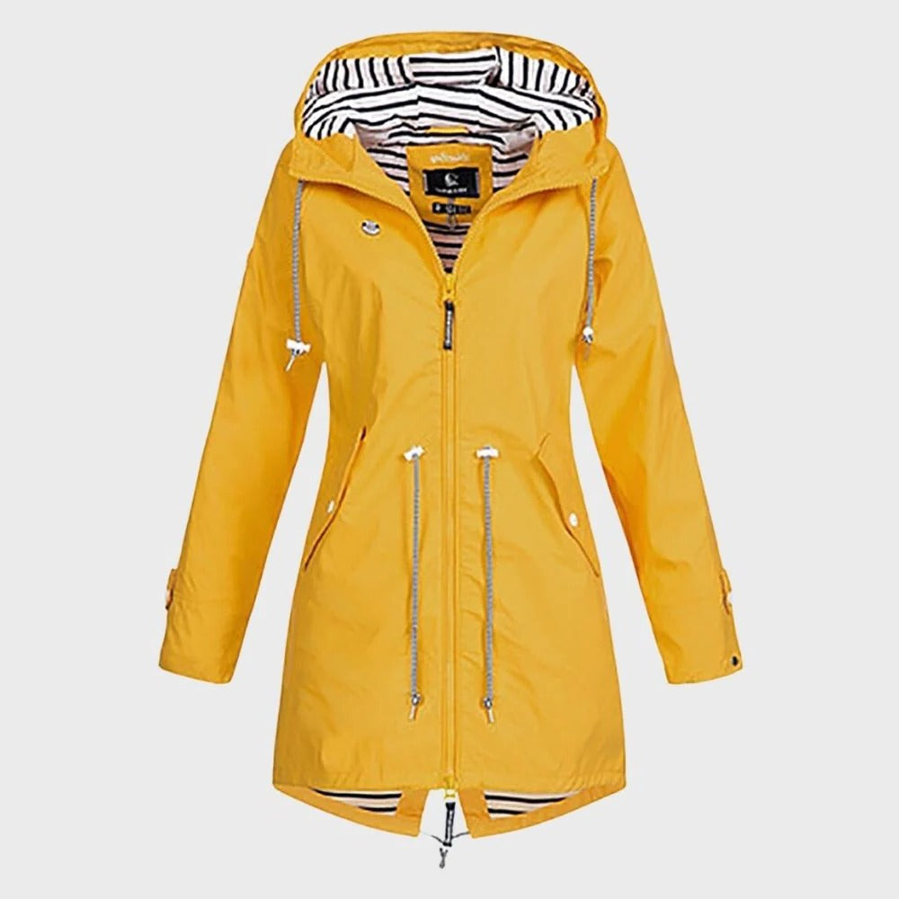 Women's Hooded Rain Jacket with Adjustable Drawstring and Breathable Fabric, Extended Length