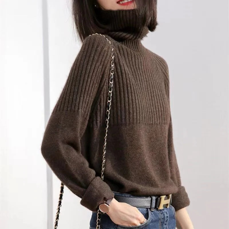 Women's Turtleneck Knit Sweater with Ribbed Cuffs and Long Sleeves