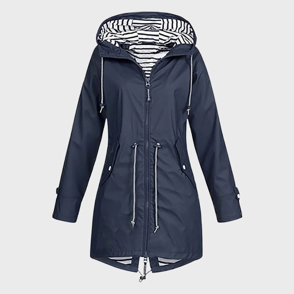 Women's Hooded Rain Jacket with Adjustable Drawstring and Breathable Fabric, Extended Length