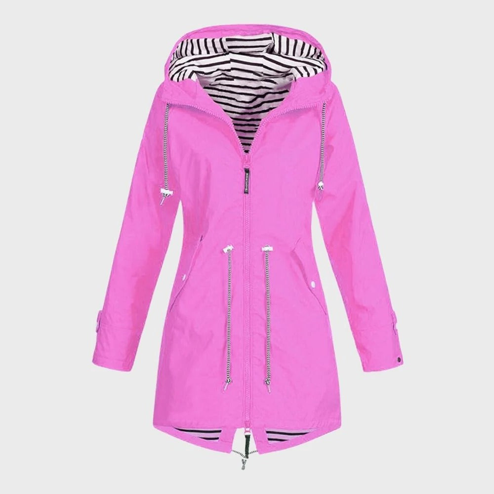Women's Hooded Rain Jacket with Adjustable Drawstring and Breathable Fabric, Extended Length