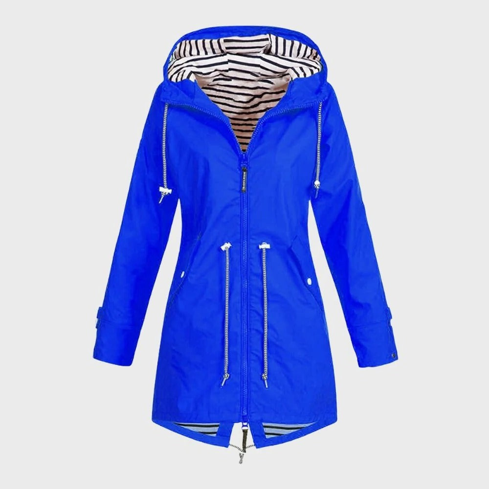 Women's Hooded Rain Jacket with Adjustable Drawstring and Breathable Fabric, Extended Length