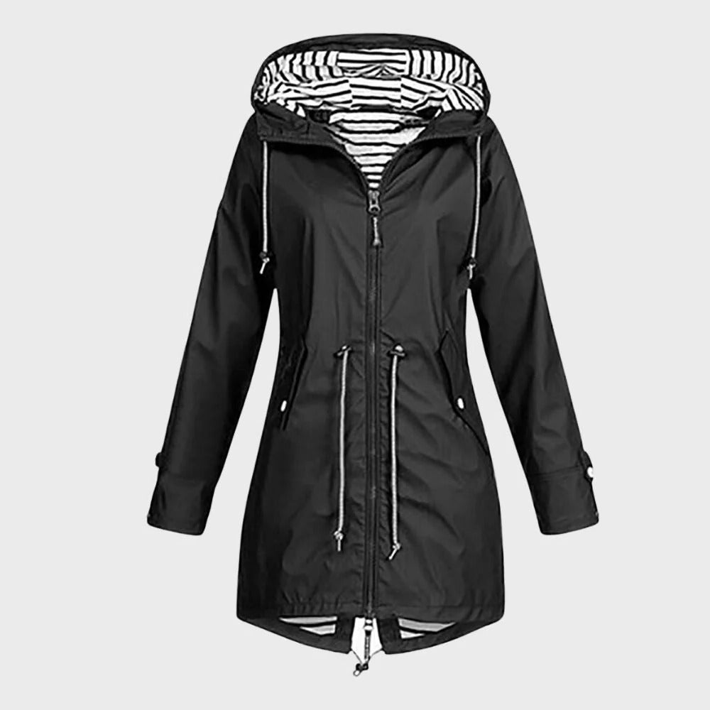 Women's Hooded Rain Jacket with Adjustable Drawstring and Breathable Fabric, Extended Length