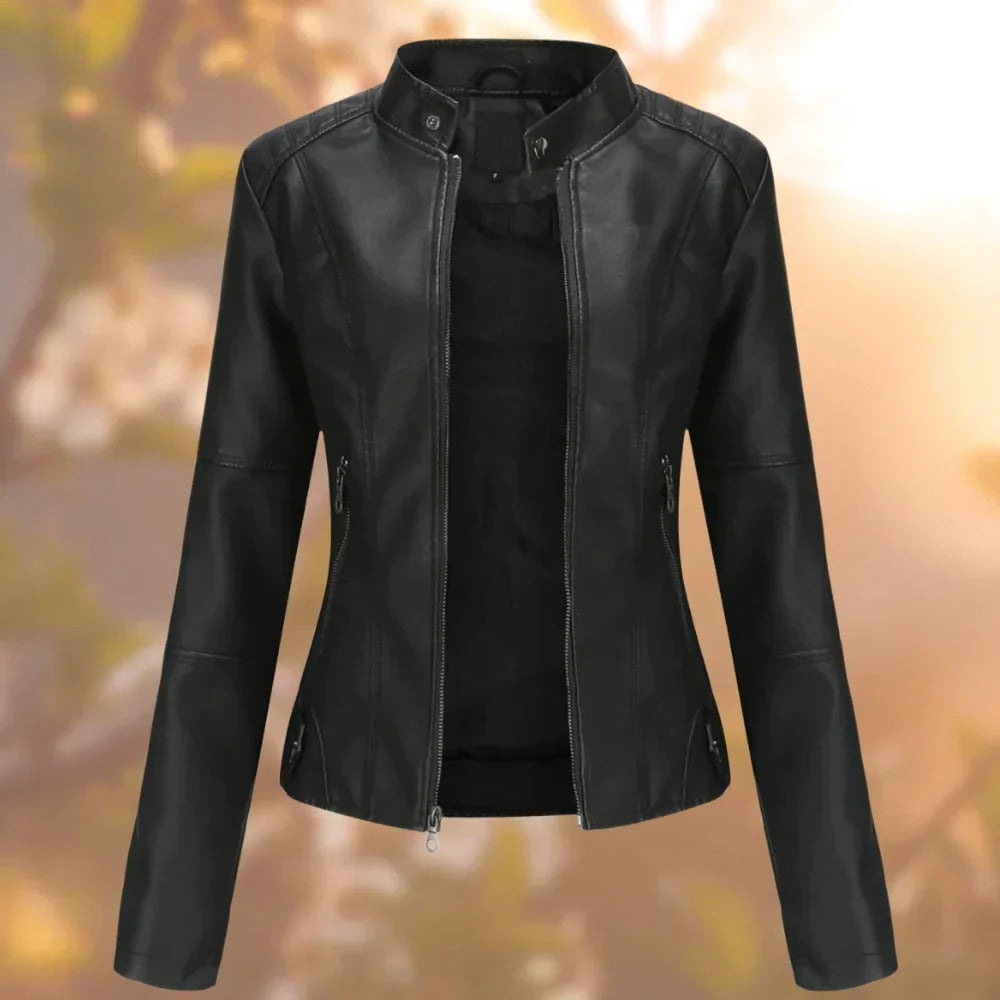 Stand Collar Jacket with Metallic Accents and Full Length Coverage