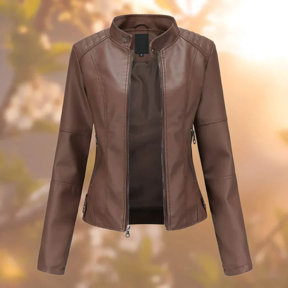 Stand Collar Jacket with Metallic Accents and Full Length Coverage