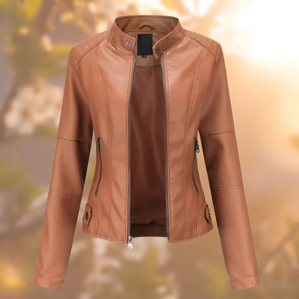 Stand Collar Jacket with Metallic Accents and Full Length Coverage
