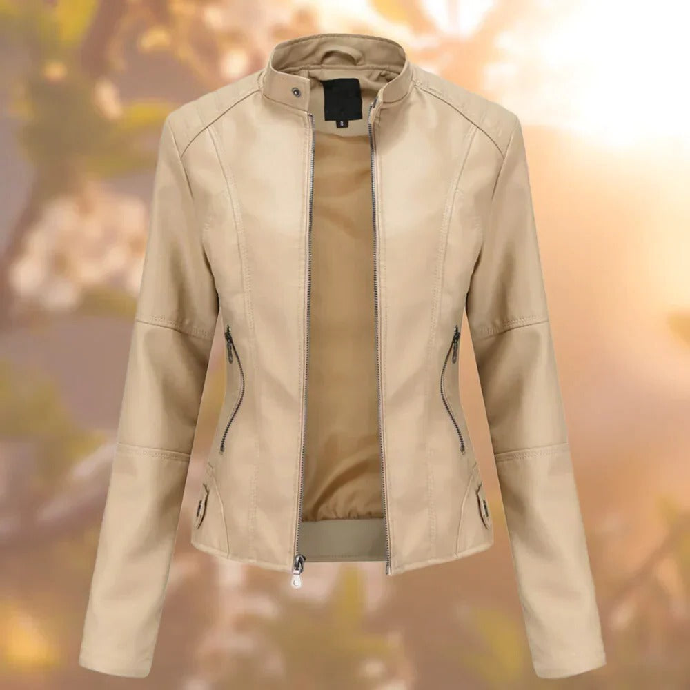 Stand Collar Jacket with Metallic Accents and Full Length Coverage