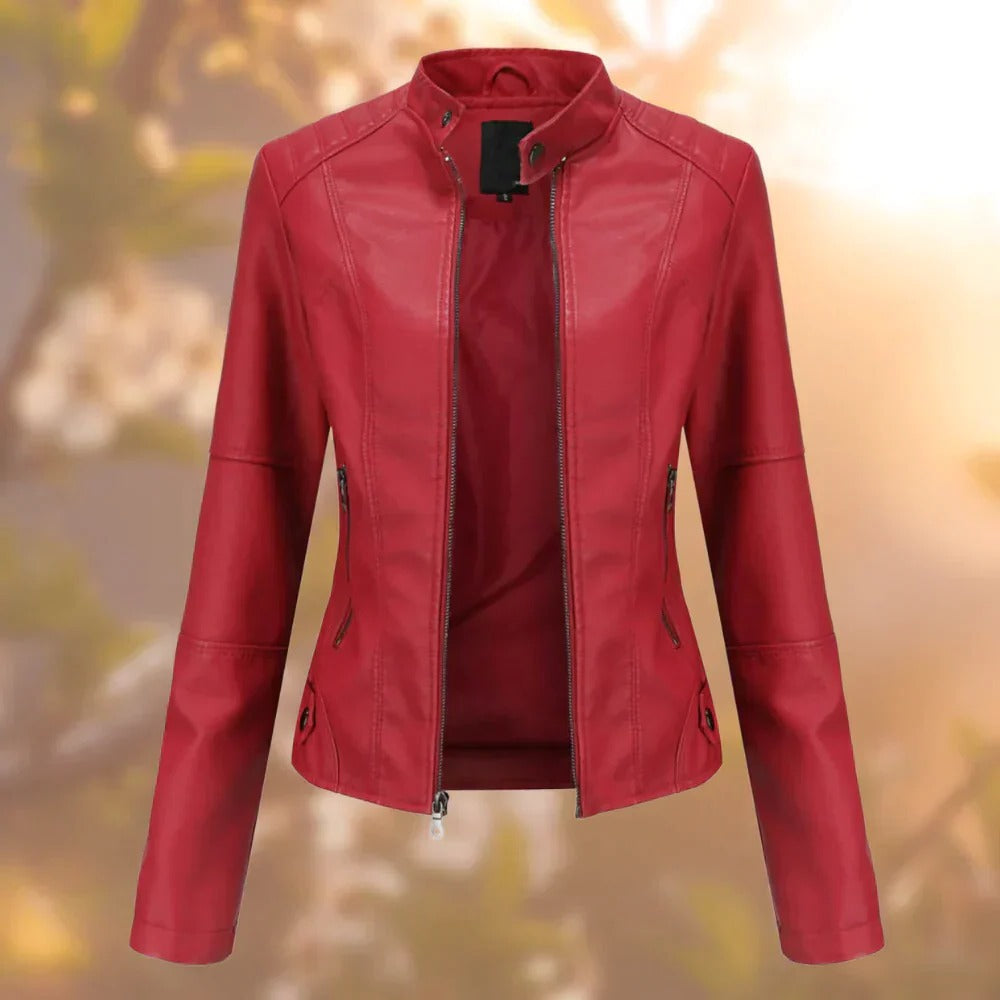 Stand Collar Jacket with Metallic Accents and Full Length Coverage
