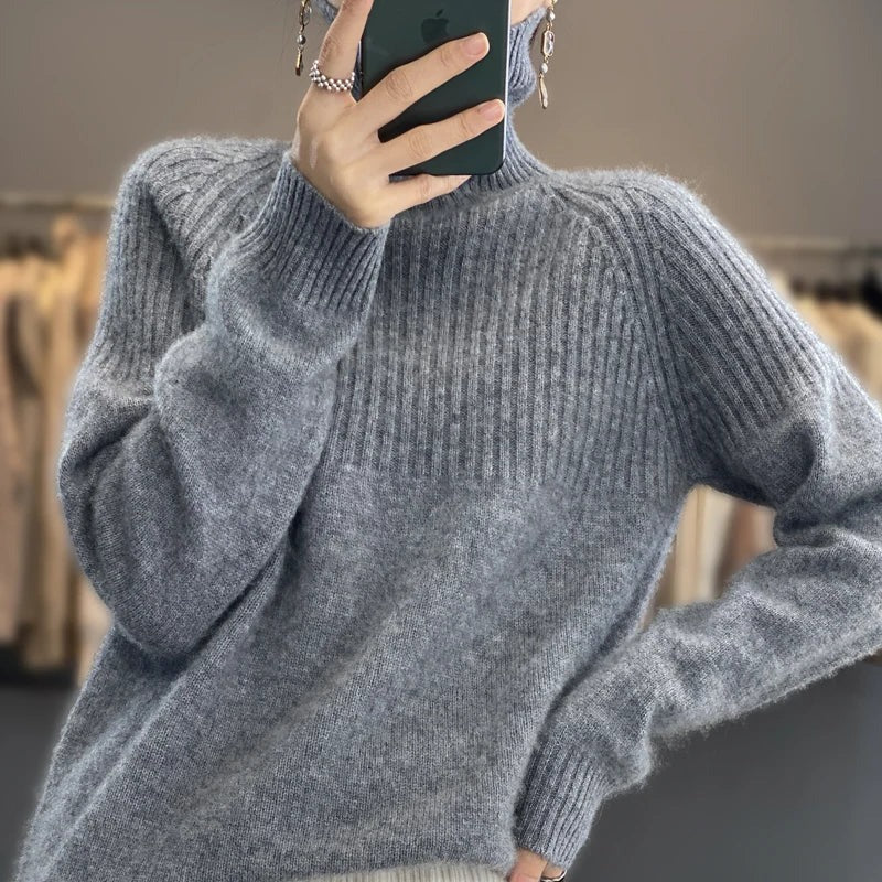 Women's Turtleneck Knit Sweater with Ribbed Cuffs and Long Sleeves