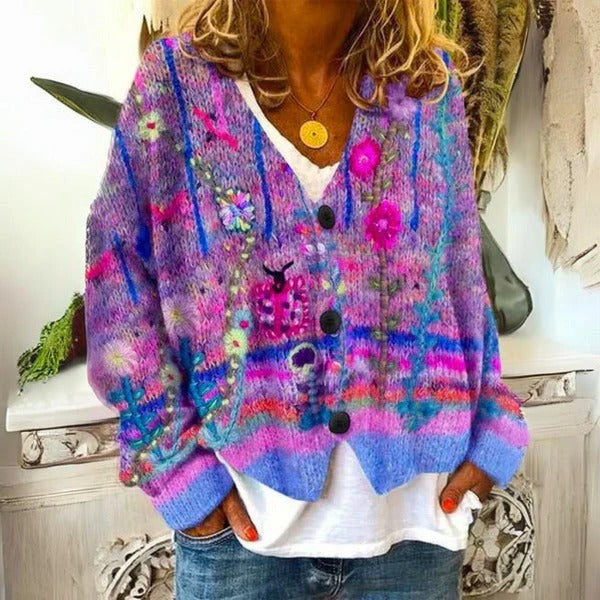 Floral Print Cotton Blend Pullover with Hip Length and Ribbed Trim