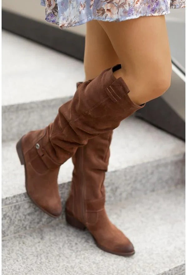 Knee Boots for Women with Side Zipper and Cushioned Insole, Low Heel