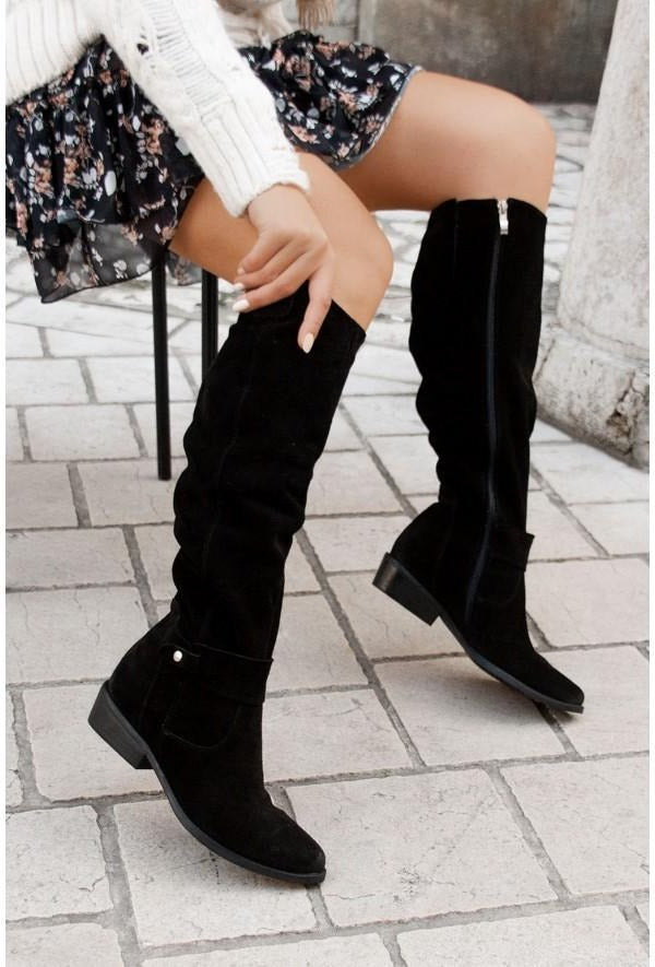 Knee Boots for Women with Side Zipper and Cushioned Insole, Low Heel