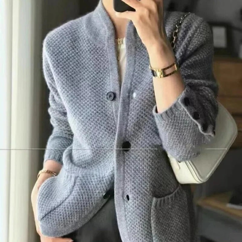 Knit Sweater Jacket with Front Pockets and Close Collar for Winter