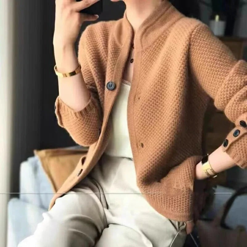 Knit Sweater Jacket with Front Pockets and Close Collar for Winter