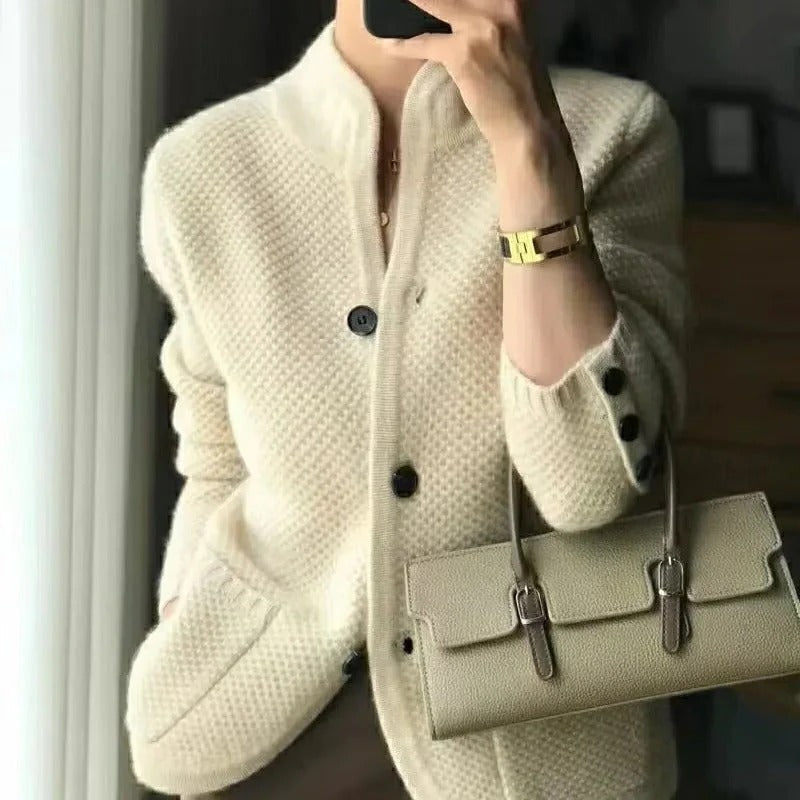 Knit Sweater Jacket with Front Pockets and Close Collar for Winter