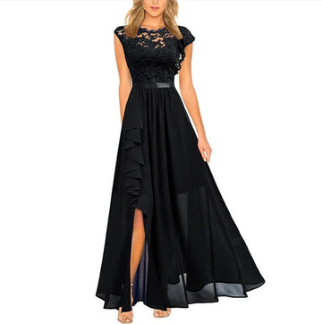 Lace Maxi Dress with Ruffled Hem and Vertical Side Panels for Formal Events