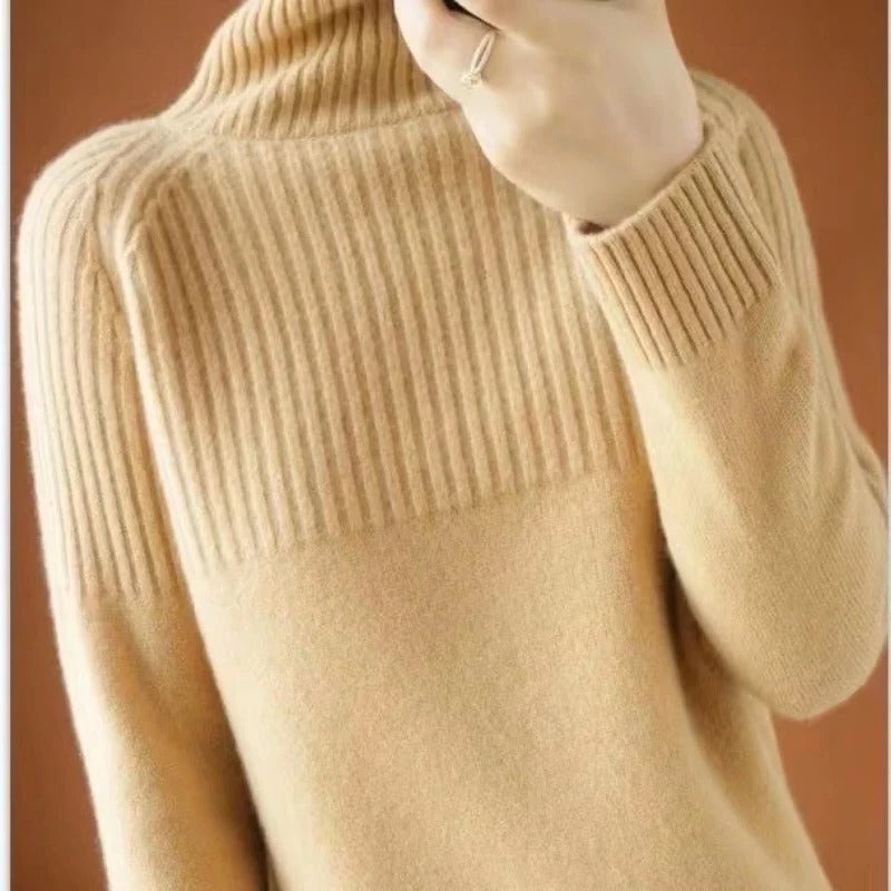 Women's Turtleneck Knit Sweater with Ribbed Cuffs and Long Sleeves
