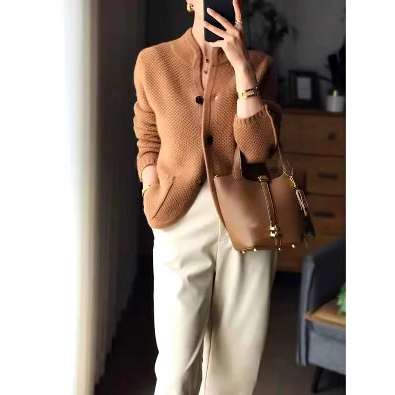 Knit Sweater Jacket with Front Pockets and Close Collar for Winter