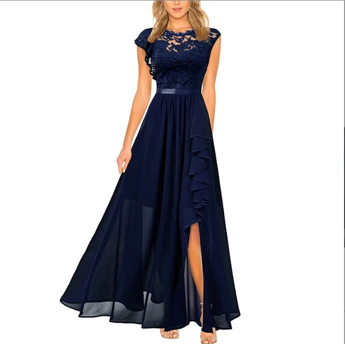 Lace Maxi Dress with Ruffled Hem and Vertical Side Panels for Formal Events
