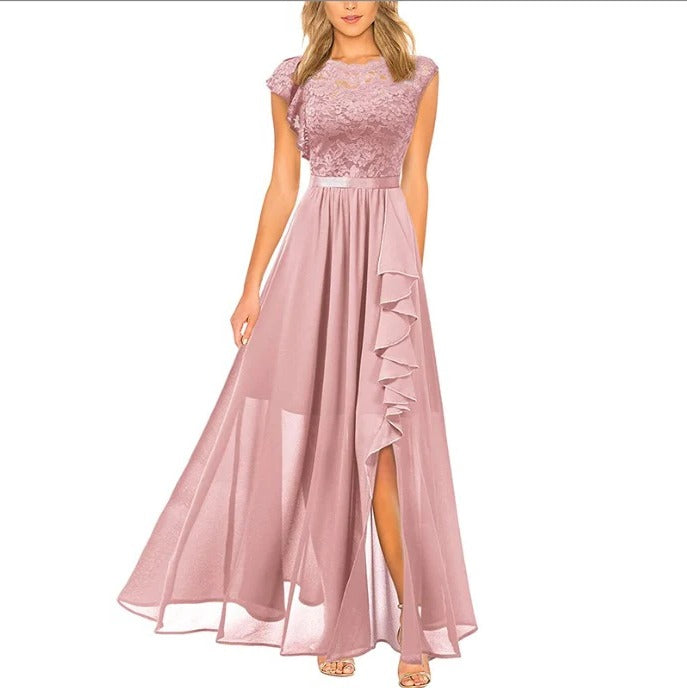 Lace Maxi Dress with Ruffled Hem and Vertical Side Panels for Formal Events
