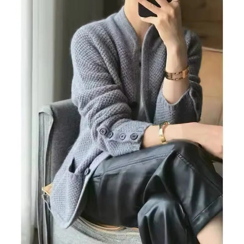 Knit Sweater Jacket with Front Pockets and Close Collar for Winter