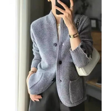 Knit Sweater Jacket with Front Pockets and Close Collar for Winter