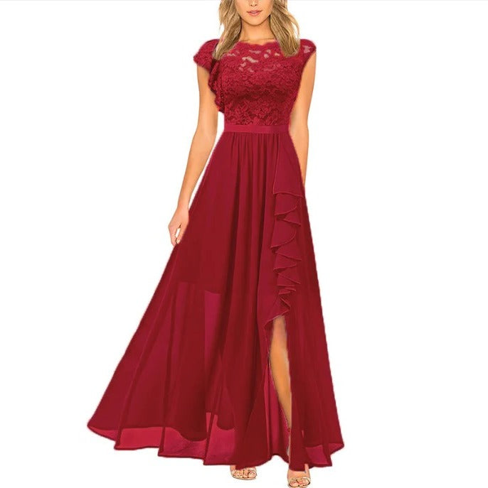 Lace Maxi Dress with Ruffled Hem and Vertical Side Panels for Formal Events