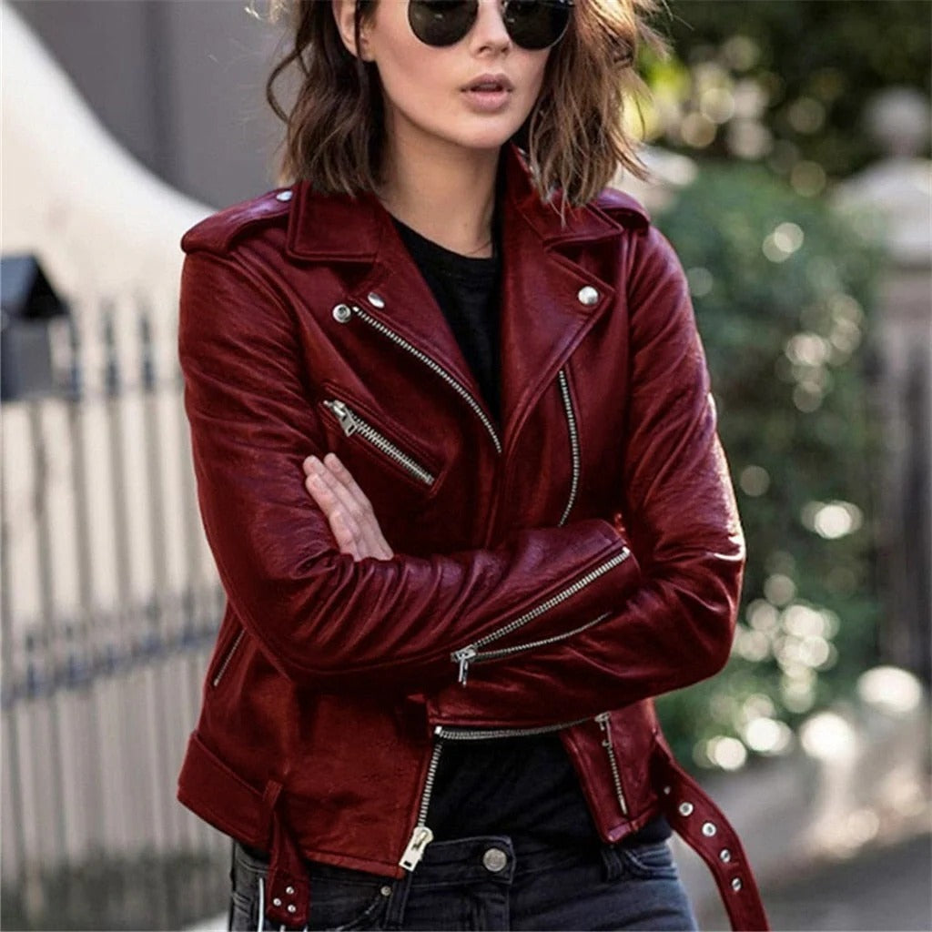 Motorcycle Jacket with Slanted Zipper and Snap Collar, Adjustable Zip Cuffs